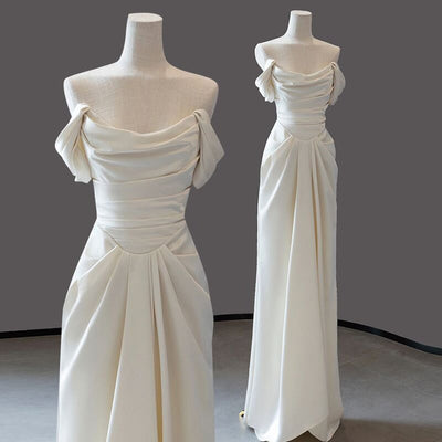 Ivory Satin Off the Shoulder Wedding Dress