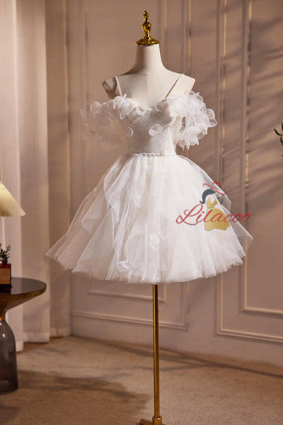 White Spaghetti Strap Tulle 3D Flower Homecoming Dress