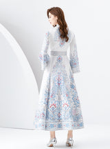 Stand-up Collar Breasted Slim Print Dress