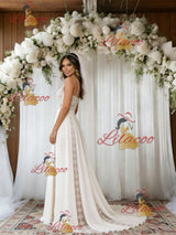 White Lace Chiffon Spaghetti Straps Wedding Dress