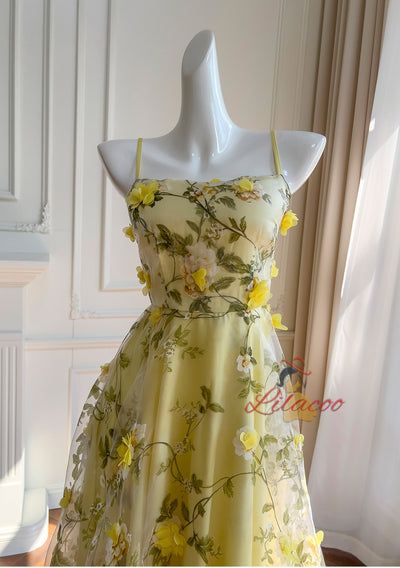Yellow Tulle Print 3D Flower Prom Dress