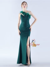 One Shoulder Split Feather Prom Dress