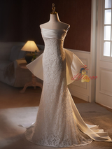White Mermaid Lace Satin Strapless Bow Wedding Dress