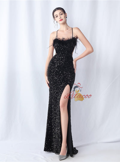 Mermaid Sequins Spaghetti Straps Backless Prom Dress