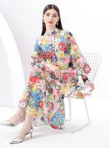 Retro Stand-up Collar Breasted Print Long Dress