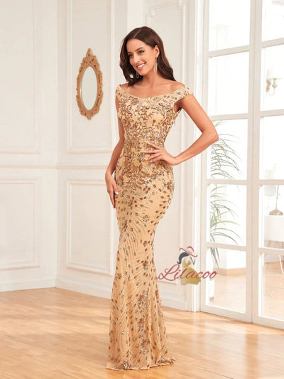 Gold Mermaid Sequins Off the Shoulder Prom Dress
