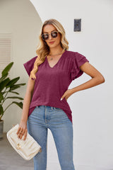 Solid Color V-neck Short Sleeve Loose T-shirt