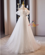 White Lace Tulle Pleats Straps Wedding Dress