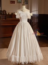 White Satin Lace Flower Wedding Dress