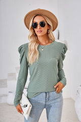Round Neck Loose Pleated Long Sleeve T-shirt