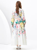 Printed Puff Sleeve Button Slim Dress