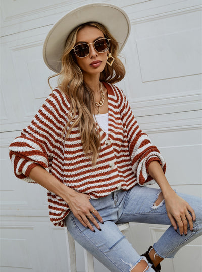 Striped Loose Single-breasted V-neck Sweater