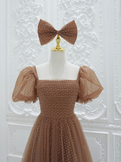 Brown Tulle Wave Point Pleats Prom Dress