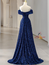 Blue Sequins Off the Shoulder Pleats Prom Dress