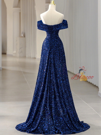 Blue Sequins Off the Shoulder Pleats Prom Dress
