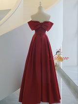 Burgundy Satin Off the Shoulder Pleats Prom Dress