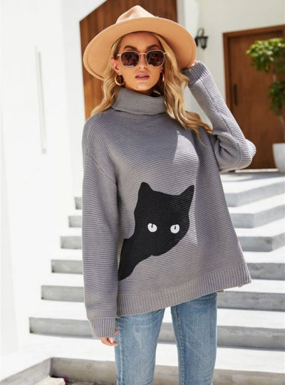 Printed Kitten Turtleneck Sweater