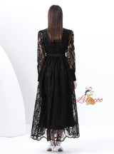 V-neck Lace Single-breasted Long Dress
