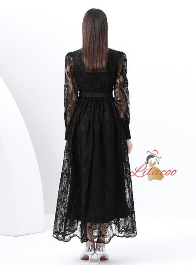 V-neck Lace Single-breasted Long Dress