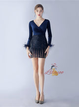 V-neck Sequins Long Sleeve Short Prom Dress
