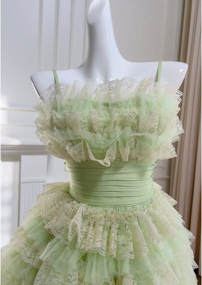Green Tulle Lace Straps Tiers Short Prom Dress