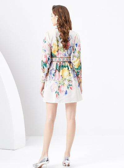 Palace Lantern Sleeve Mini Retro Print Dress