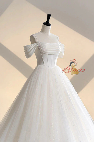 White Tulle Spaghetti Straps Beading Wedding Dress