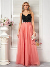 Pink Tulle Black Bow Straps Prom Dress