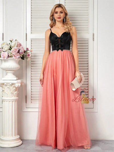 Pink Tulle Black Bow Straps Prom Dress