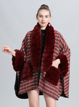 Wool-padded Plaid Fur Collar Knitted Shawl