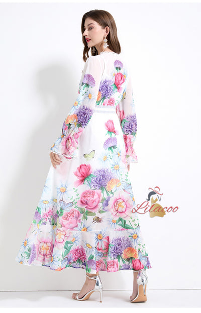 Deep V-neck Lace Stitching Slim Lotus Dress