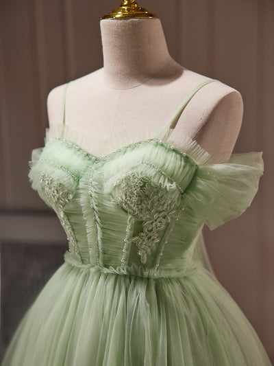 Green Tulle Appliques Beading Homecoming Dress