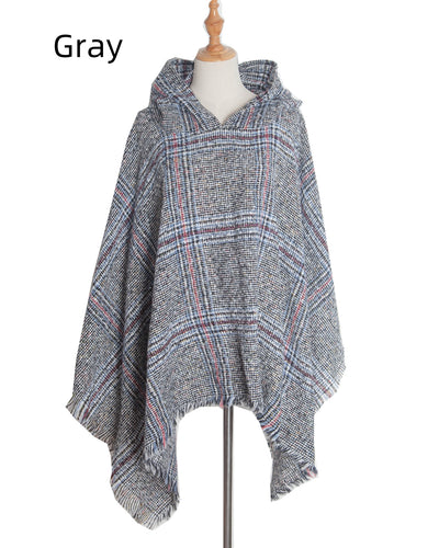 Shaggy Plaid Hooded Cloak Shawl