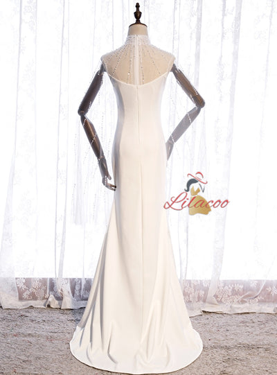 Sexy Light Blue High Neck Beading Prom Dress