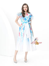 Lotus Leaf V-neck Slim Printed Long Dress