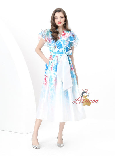 Lotus Leaf V-neck Slim Printed Long Dress