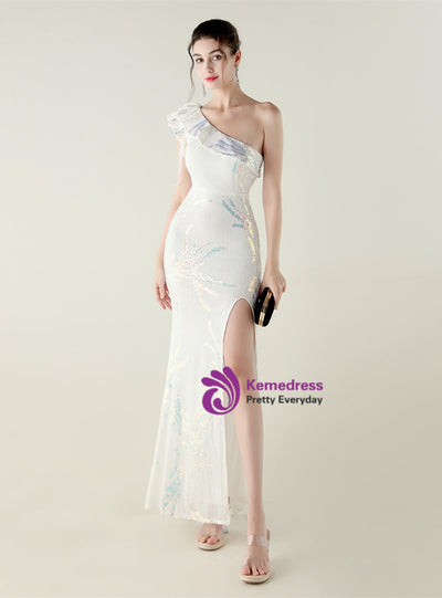 Black Mermaid Sequins One Shoulder Beading Prom Dress