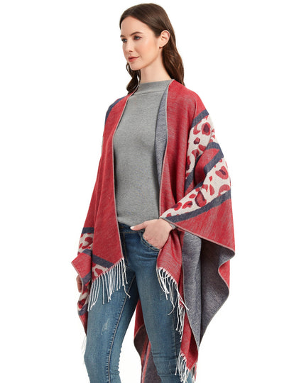 Leopard Cape Jacquard Travel Fringed Split Shawl