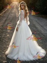 White Tulle Lace Long Sleeve Wedding Dress