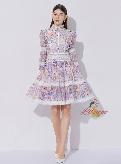 Lace Stitching Lantern Sleeves Dress