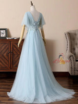 Blue Tulle Appliques Pleats Prom Dress