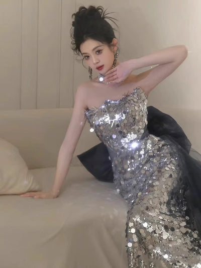 Silver Mermaid Sequins Strapless Prom Dress