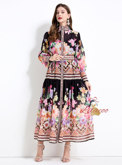 Palace Style Retro Flower Print Long Sleeves Dress