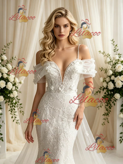 White Mermaid Lace Appliques Wedding Dress