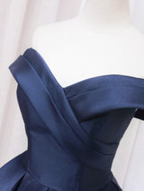 Navy Blue Satin Off the Shoulder Pleats Homecoming Dress