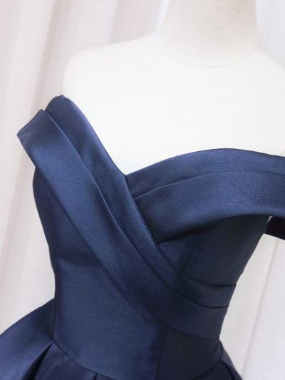 Navy Blue Satin Off the Shoulder Pleats Homecoming Dress