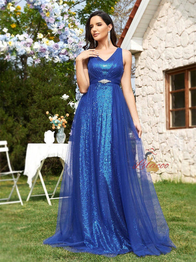 Royal Blue Sequins V-neck Prom Dress