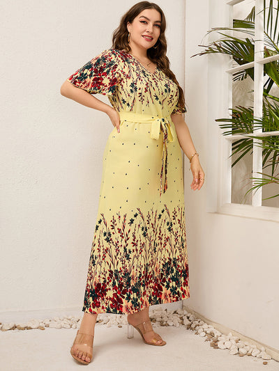 Plus Size Printed Short Sleeve V-neck Dress