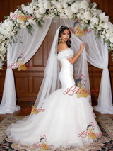 White Mermaid Tulle Off the Shoulder Beading Wedding Dress
