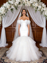 White Mermaid Tulle Off the Shoulder Beading Wedding Dress
